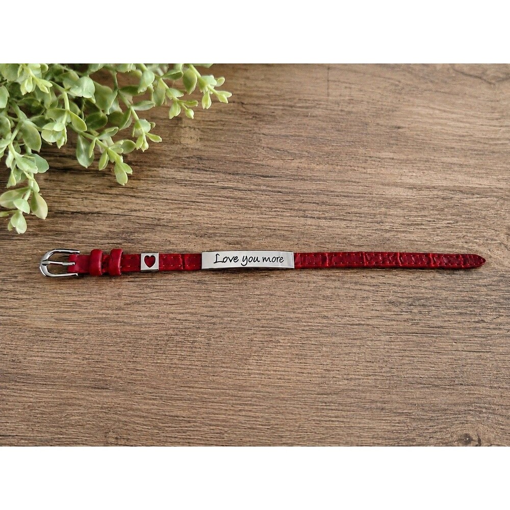 "Love You More" Red Faux Leather Bracelet Stainless Steel Heart Adjustable 8”